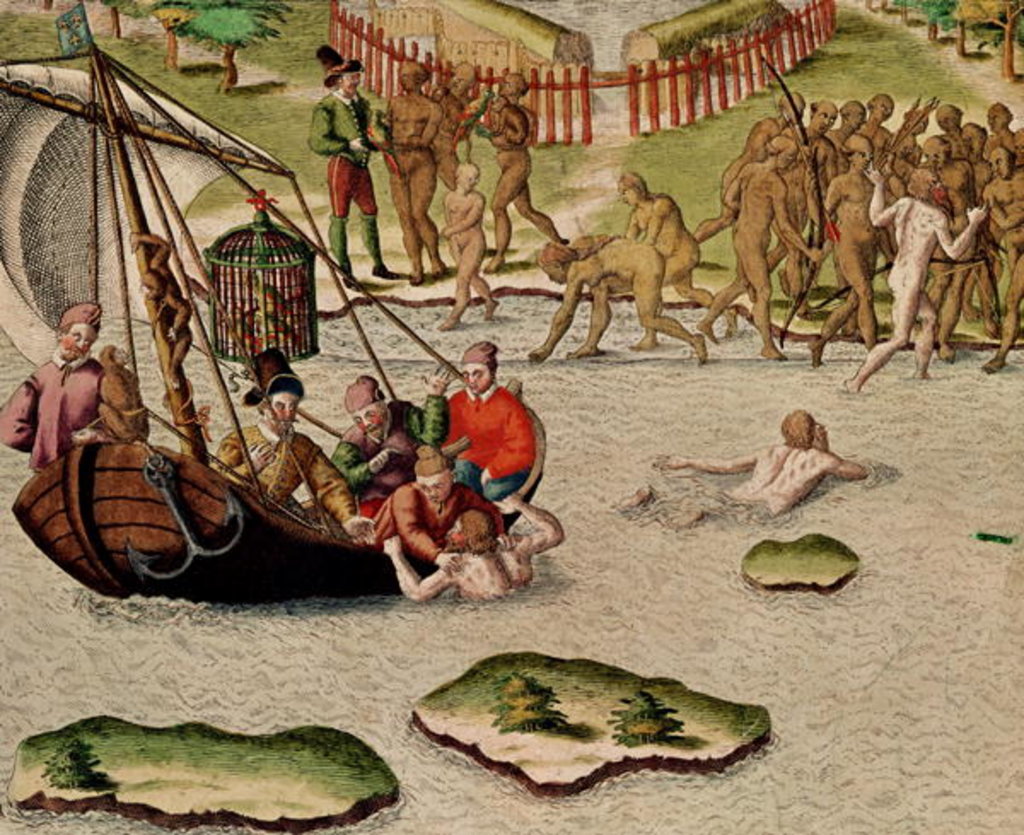 Detail of The French Vessel Lands and an Unsuccessful Attempt is Made to Exchange Prisoners by Theodor de Bry