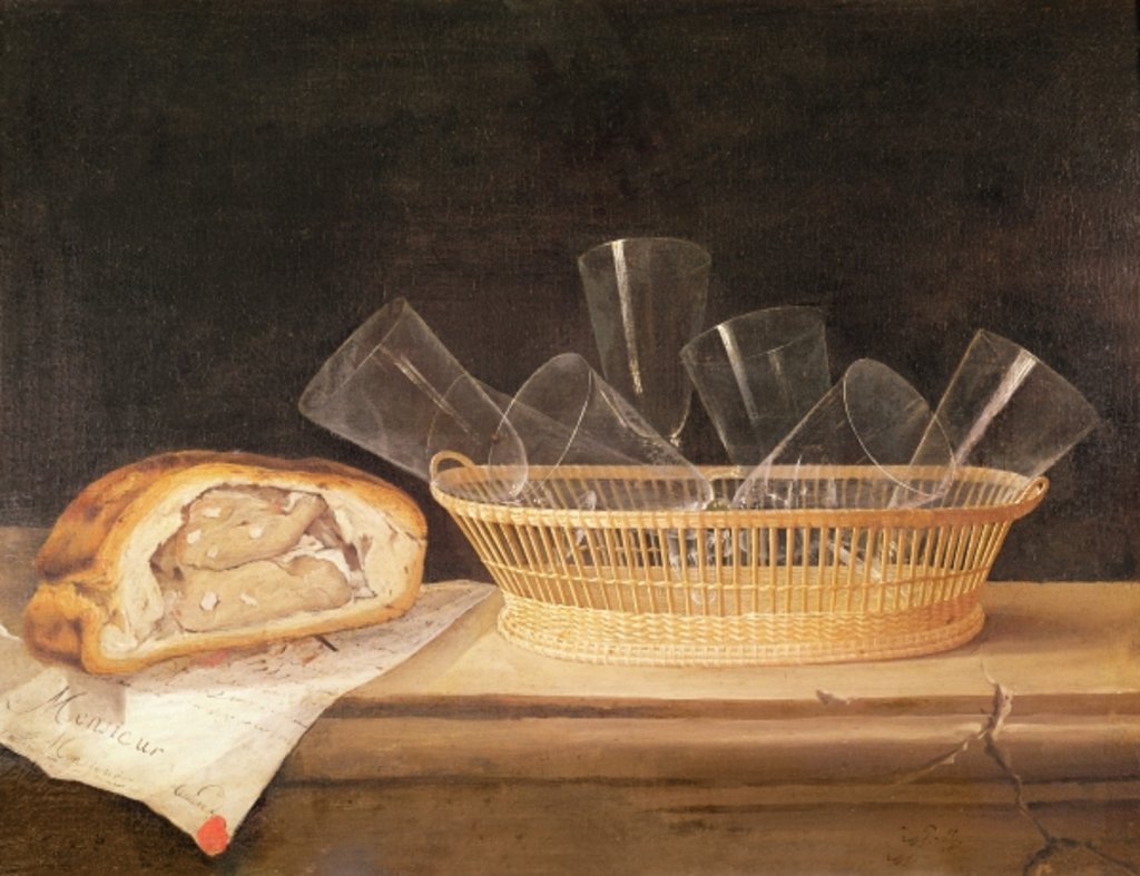Detail of Basket of Glasses and a Meat Pie, before 1630 by Sebastian Stoskopff