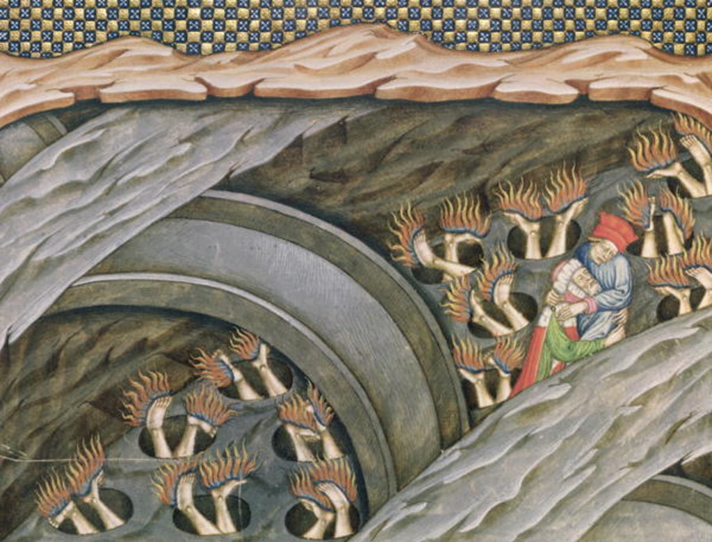 Detail of Ms 2017 f.245 Dante's Inferno with a commentary by Guiniforte delli Bargigi, ca. 1440 by Master of the Vitae Imperatorum