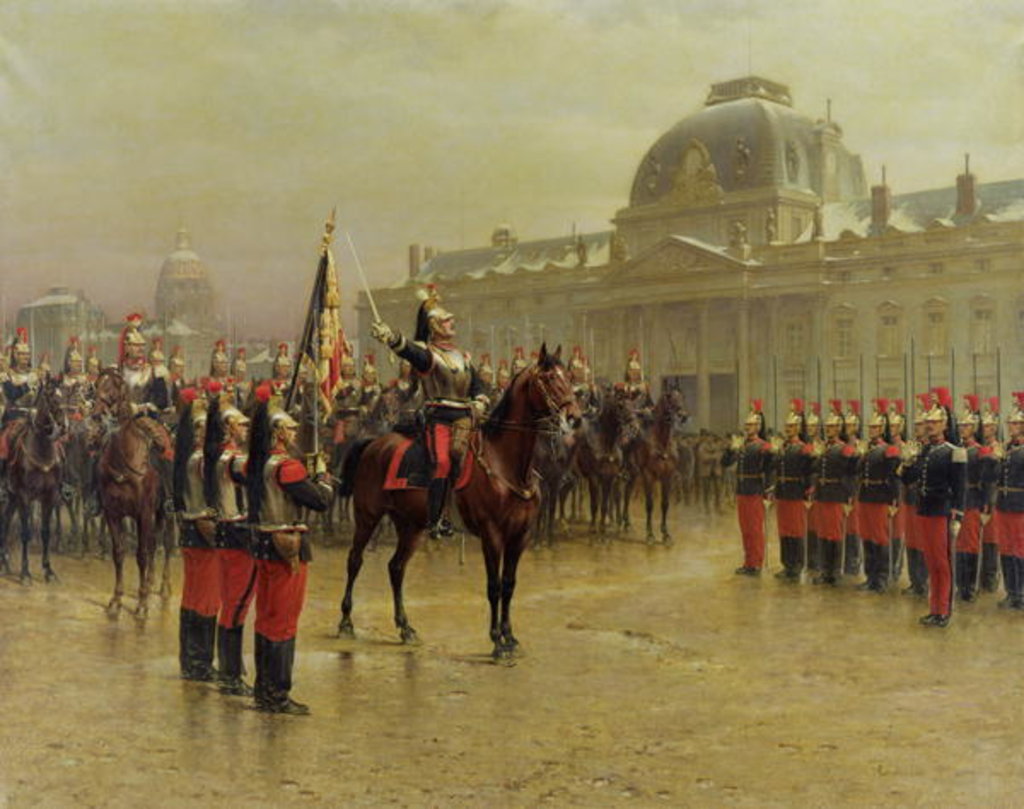 Detail of Colonel de La Rochetulon Presenting to the Recruits of the 6th Cavalry the Standard of the Regiment in January 1887, c.1887 by Louis Auguste Georges Loustaunau