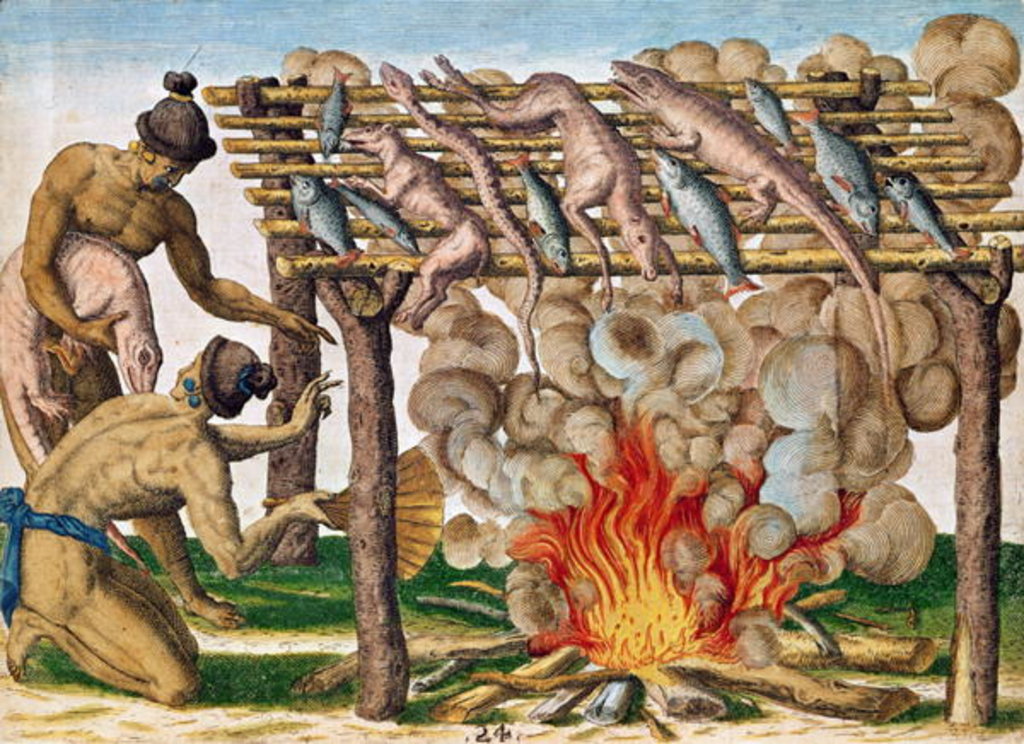 Detail of How to grill animals, Timucua indians drying their food, 1564 by Theodor de Bry