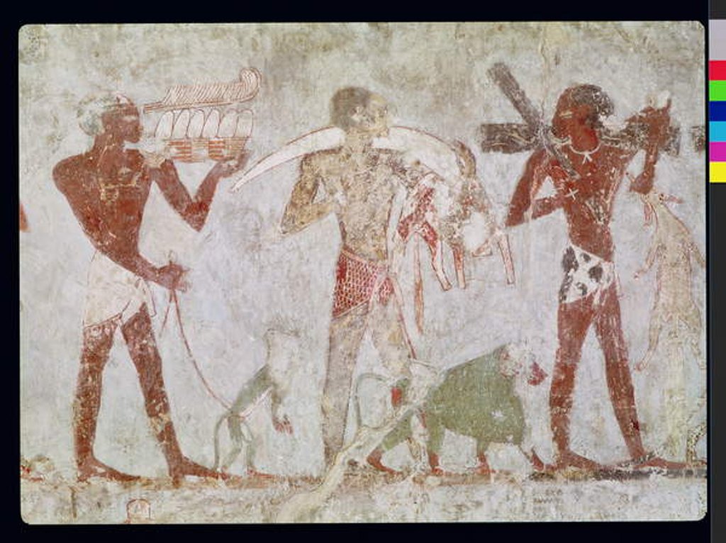 Detail of Kushites carrying tributes of gold, ivory and animal skins by Egyptian 18th Dynasty