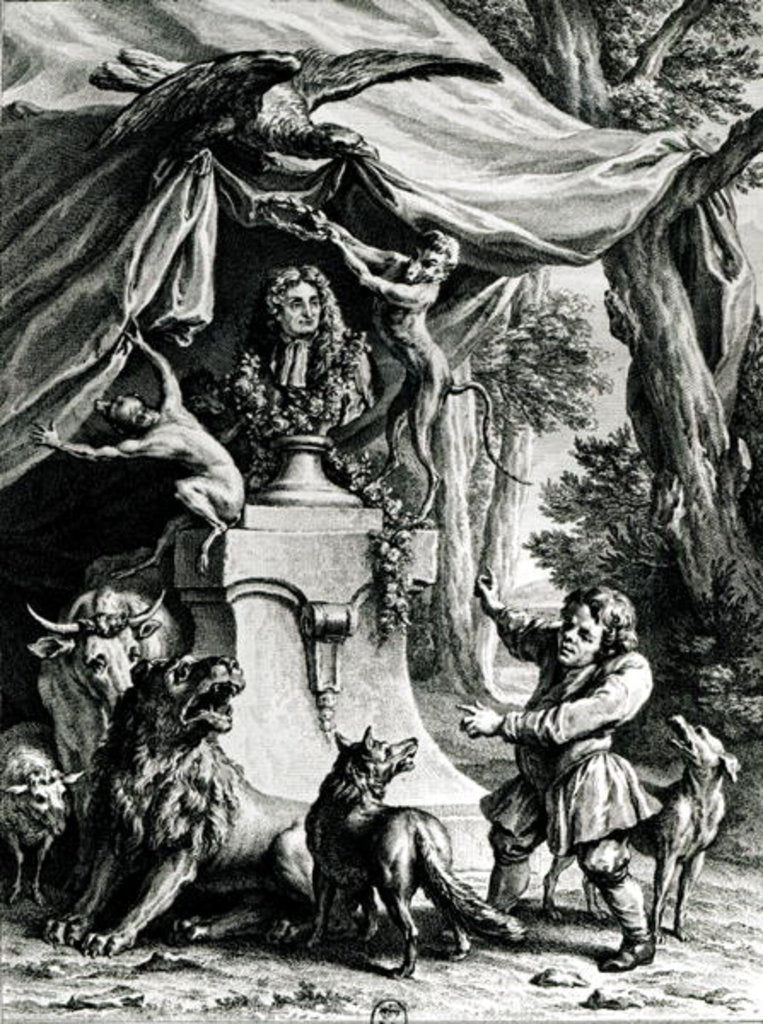 Detail of Allegorical portrait of Jean de La Fontaine surrounded by animals from his fables by Jean-Baptiste Oudry