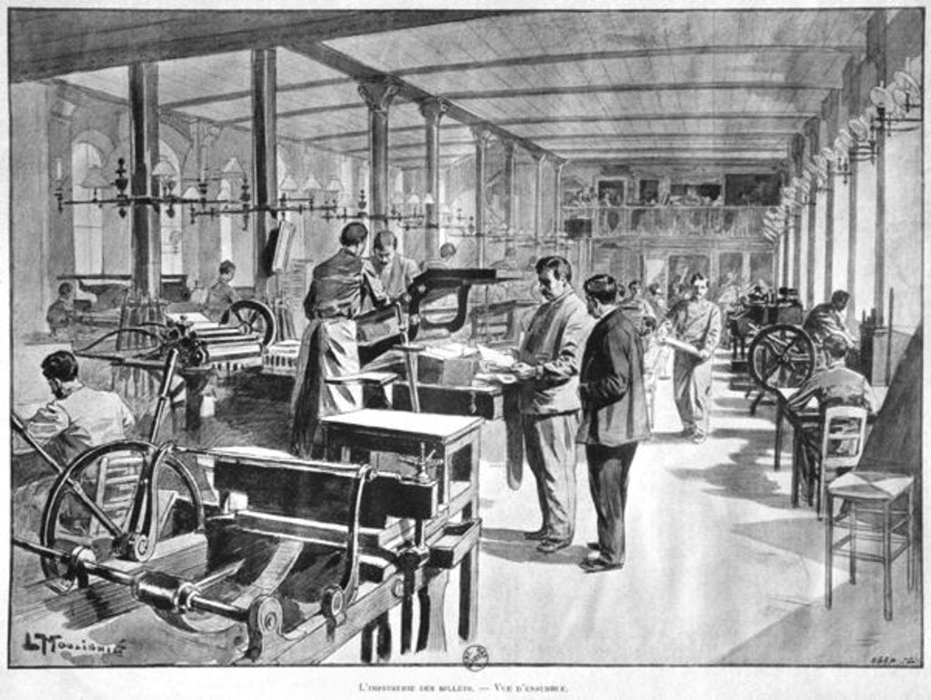 Detail of Printing the banknotes at the Paris Bank of France, 1897 by L. Moulignie