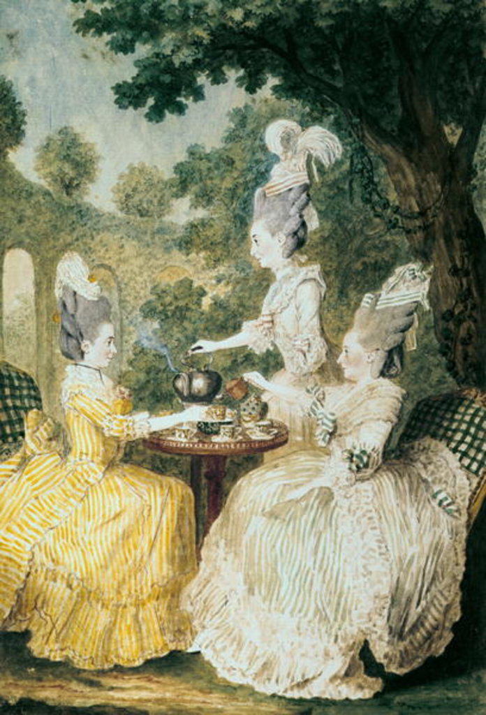 Detail of La Marquise de Montesson, La Marquise de Crest and la Comtesse de Damas drinking tea by Louis Carrogis Carmontelle