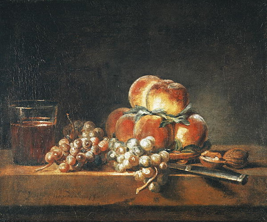 Detail of Still Life of Peaches, Nuts, Grapes and a Glass of Wine, 1758 by Jean-Baptiste Simeon Chardin