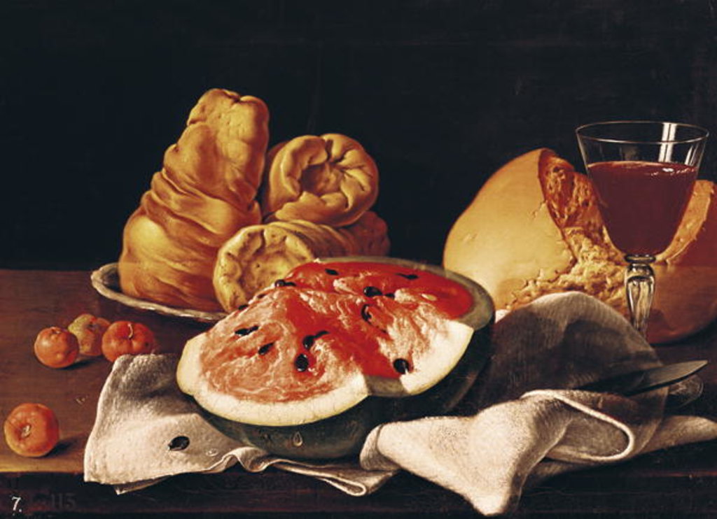 Detail of Glass of Wine, Watermelon and Bread by Luis Egidio Menendez or Melendez