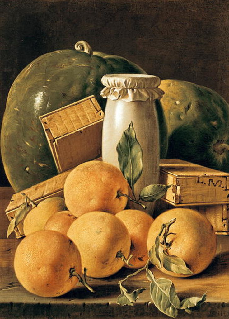Detail of Still Life of Oranges, Watermelon, a Pot and Boxes of Cake by Luis Egidio Menendez or Melendez