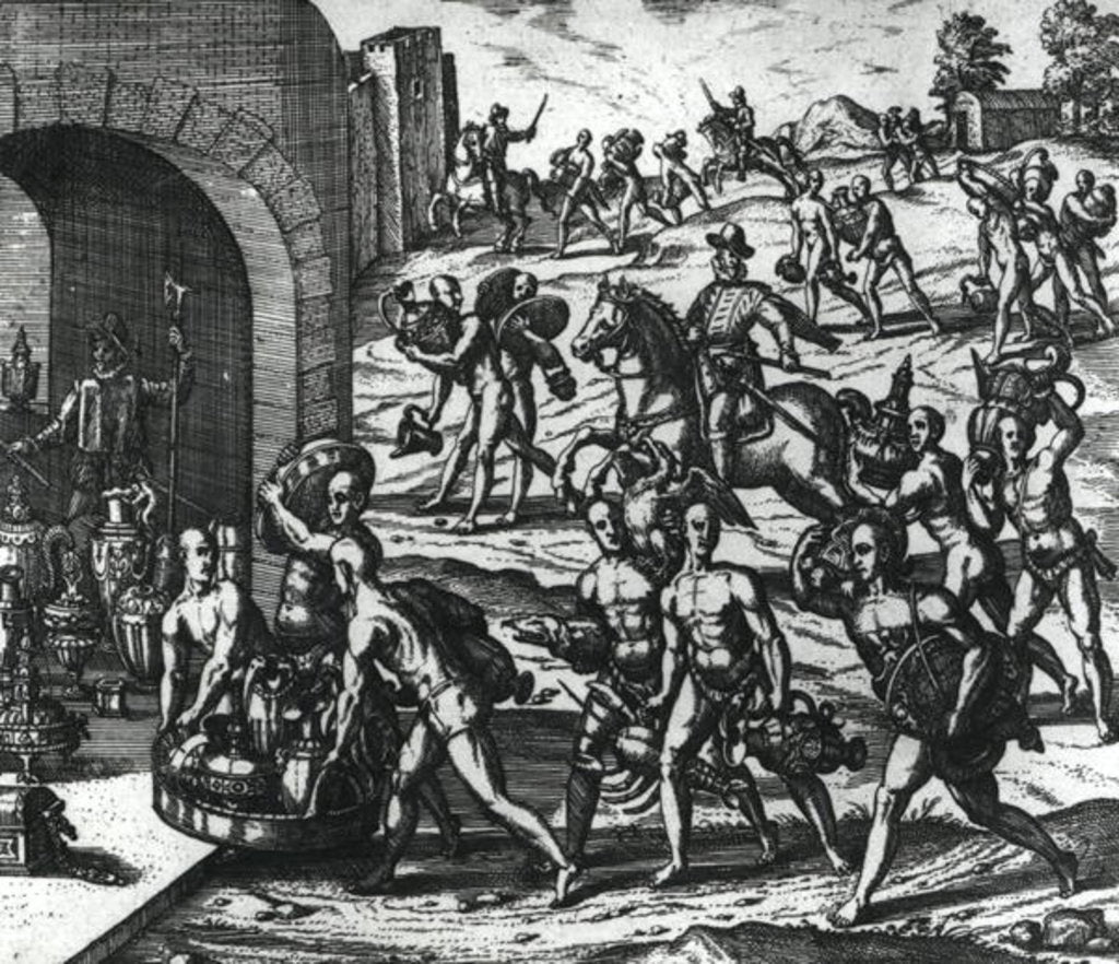 Detail of Indians bringing Balboa vases and gold objects by Theodor de Bry