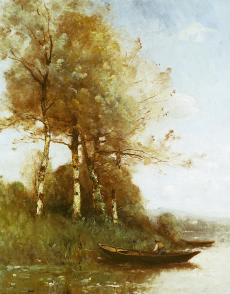 Detail of Morning Effect, Silver Birches and a River by Paul Desire Trouillebert