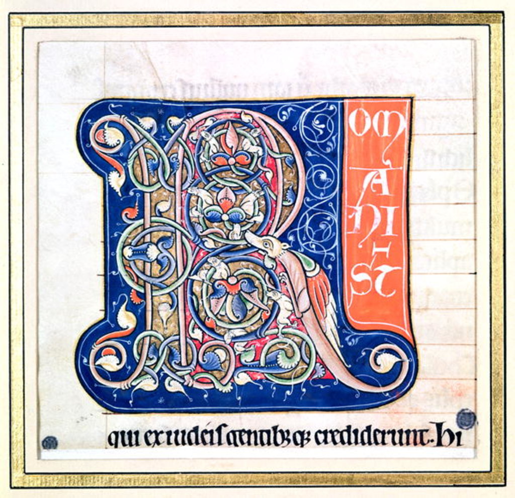 Detail of Historiated initial 'R' depicting an interlacing pattern with fantastical animals by French School