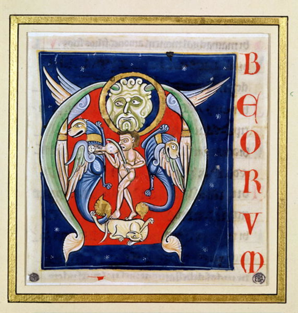 Detail of Historiated initial 'M' depicting a man playing a rebec and fantastical animals by French School