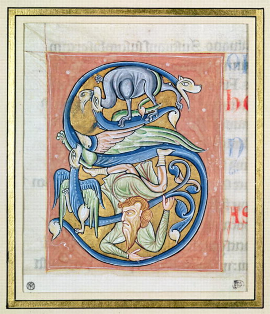 Detail of Historiated initial 'S' depicting an acrobat and fantastical animals by French School
