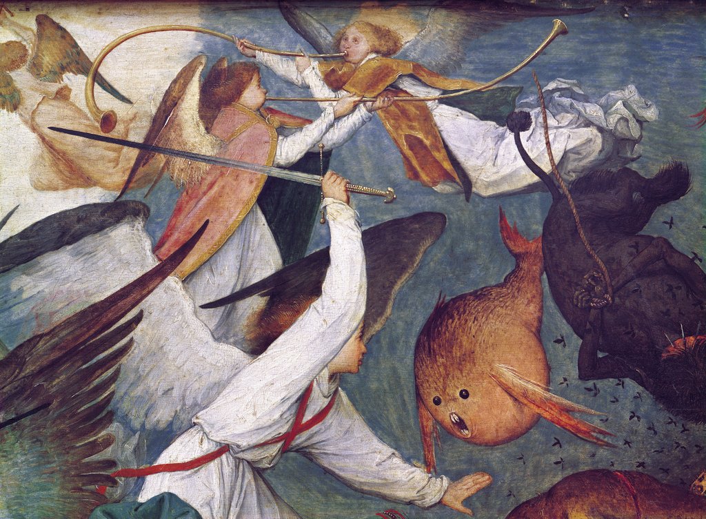 Detail of The Fall of the Rebel Angels, detail of angels fighting and playing music by Pieter the Elder Bruegel