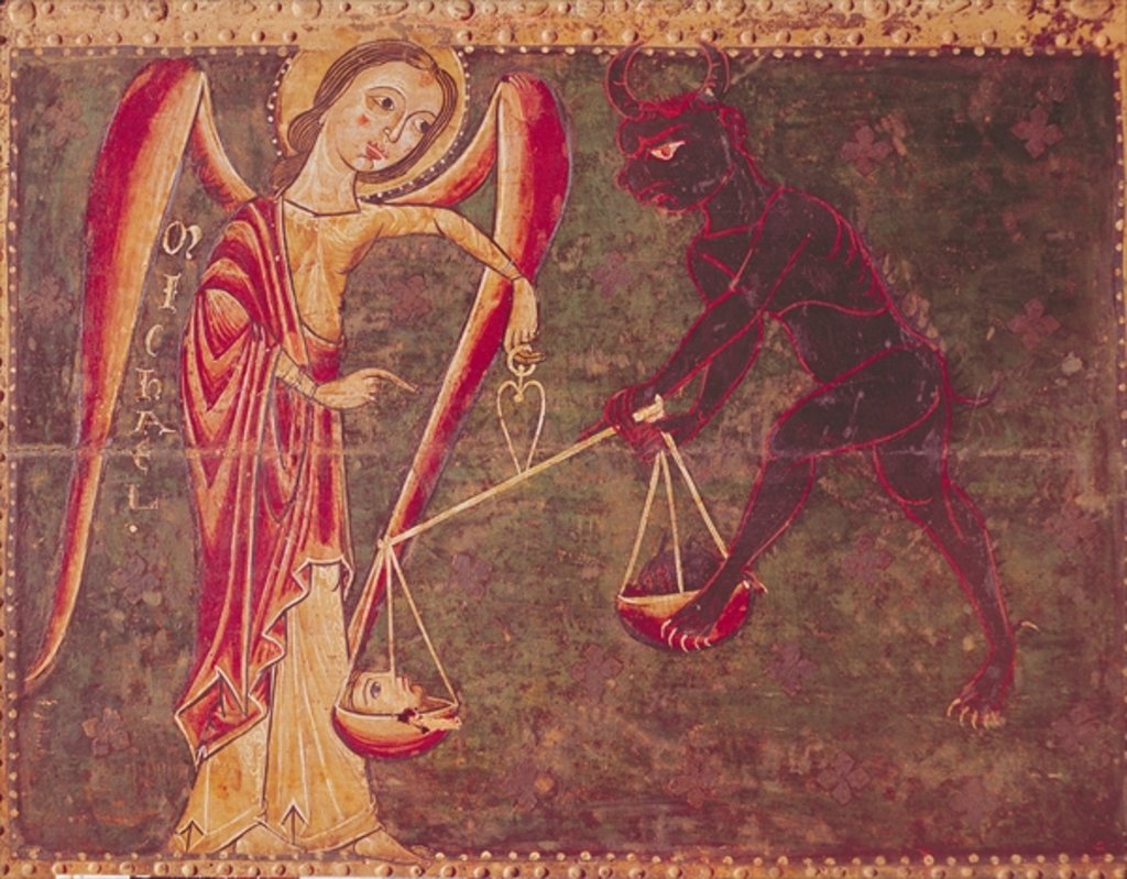 Detail of St. Michael Weighing Souls, from an altarpiece dedicated to Archangel Michael, c.1200 by Master of the Llusanes