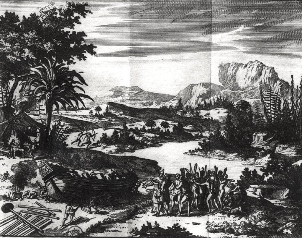 Detail of Construction of the 'Griffon' of Rene Robert Cavelier de la Salle on the shore of Lake Erie by Netherlandish School