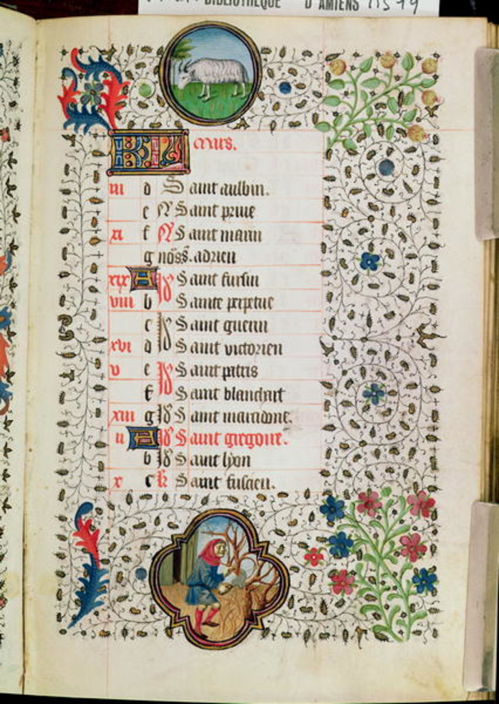 Detail of Ms 19 March: Aries and a man felling trees by French School
