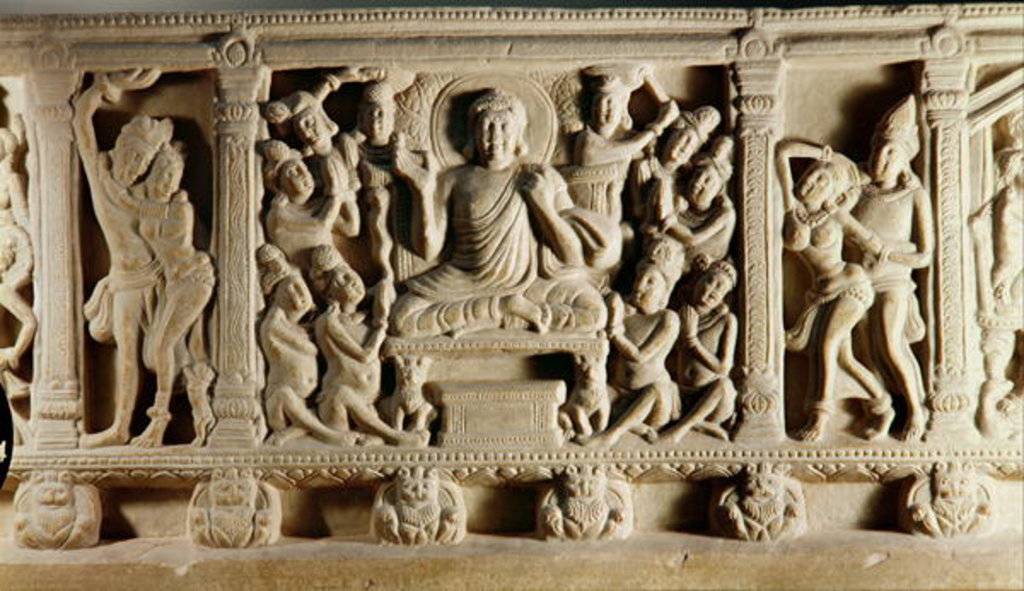 Detail of Relief depicting seated Buddha preaching surrounded by worshippers, Mathura School by Indian School