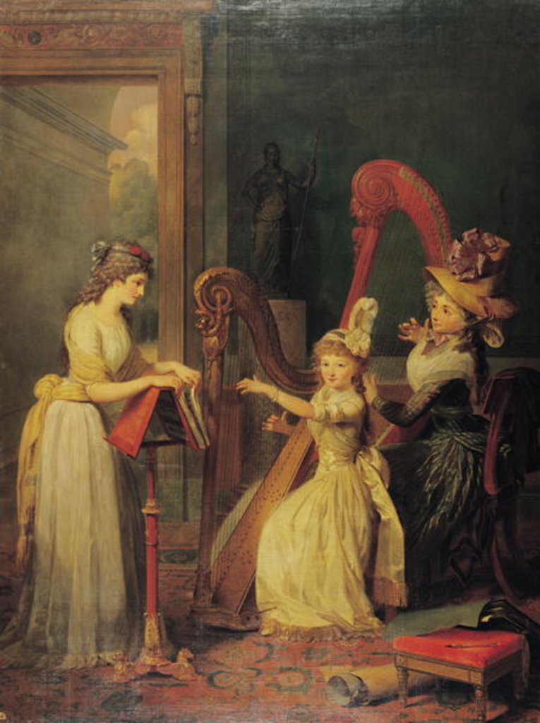 Detail of Harp lesson given by Madame de Genlis to Mademoiselle d'Orleans with Mademoiselle Pamela Turning the Pages, c.1842 by Jean Baptiste Mauzaisse