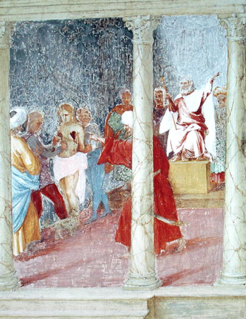 Detail of Scenes from the Life of St. Barbara, detail of St. Barbara before a judge, 1523-24 by Lorenzo Lotto