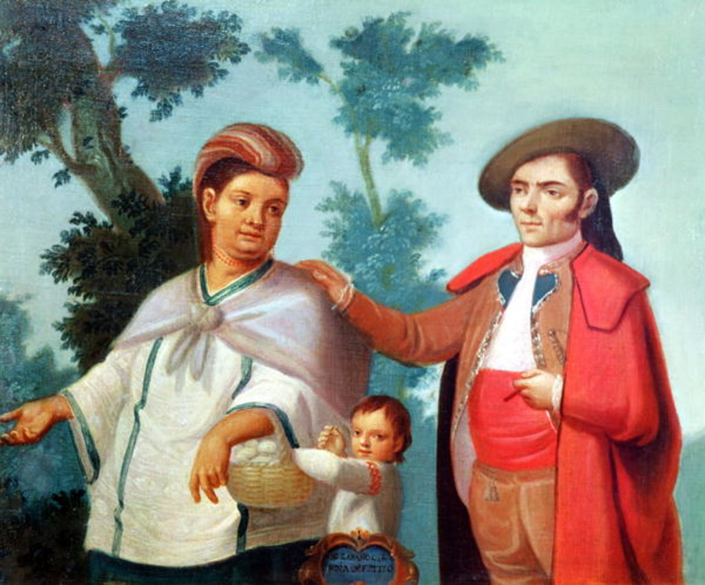 Detail of A Spaniard and his Mexican Indian Wife, illustration of mixed race marriages in Mexico by Mexican School