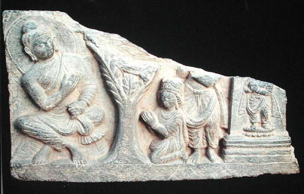 Detail of Detail of a relief frieze depicting a seated Buddha with orants, Greco-Buddhist style, from Taxila, Pakistan, 1st-4th century by School Pakistani
