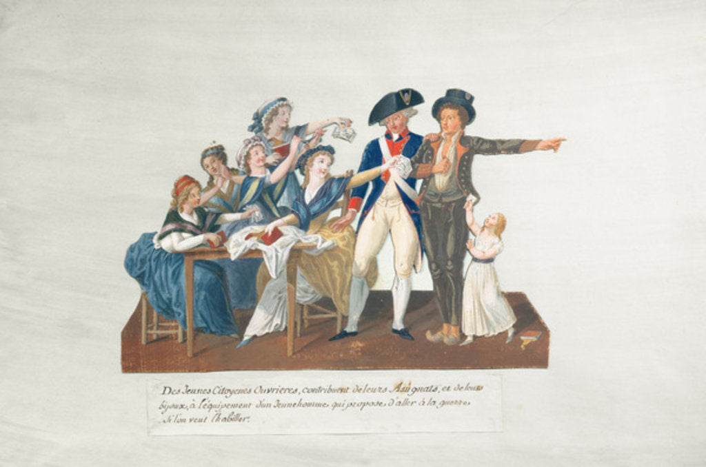 Detail of Citizens contributing their assignats to equip a young man for war by Lesueur Brothers
