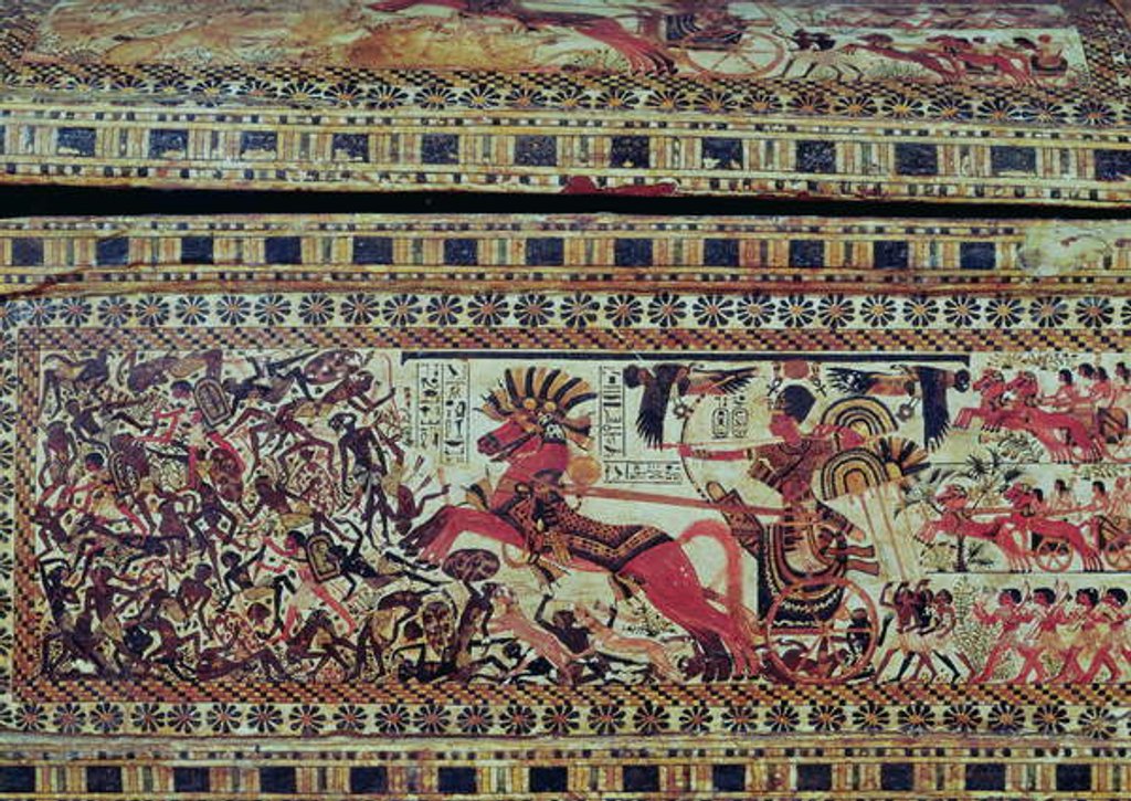 Detail of Tutankhamun on his chariot attacking Africans, detail from the side of a chest, New Kingdom, c.1340 BC by Egyptian 18th Dynasty