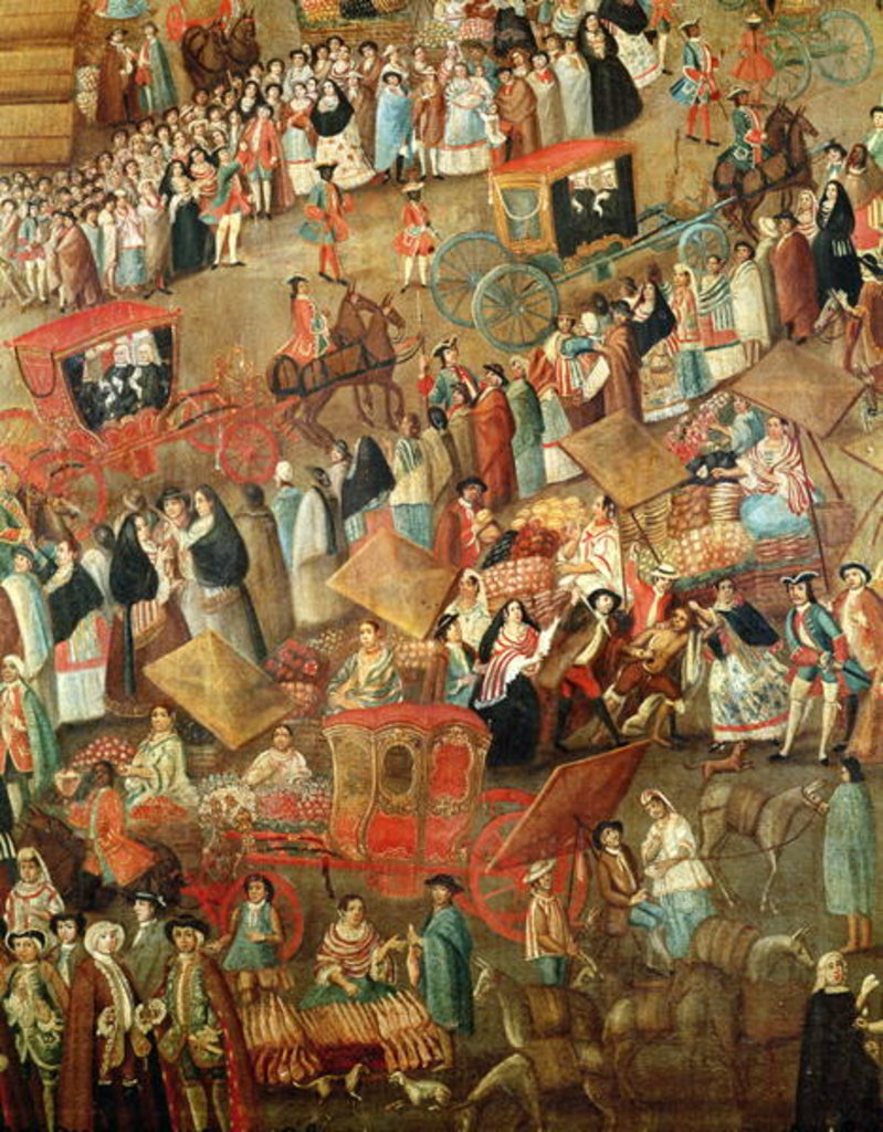 Detail of Plaza Mayor in Mexico, detail of carriages by Mexican School