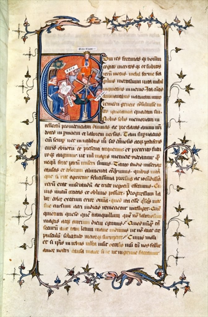 Detail of Ms.239 fol.1 Page with a historiated Initial depicting a seated man before the Wheel of Fortune by French School
