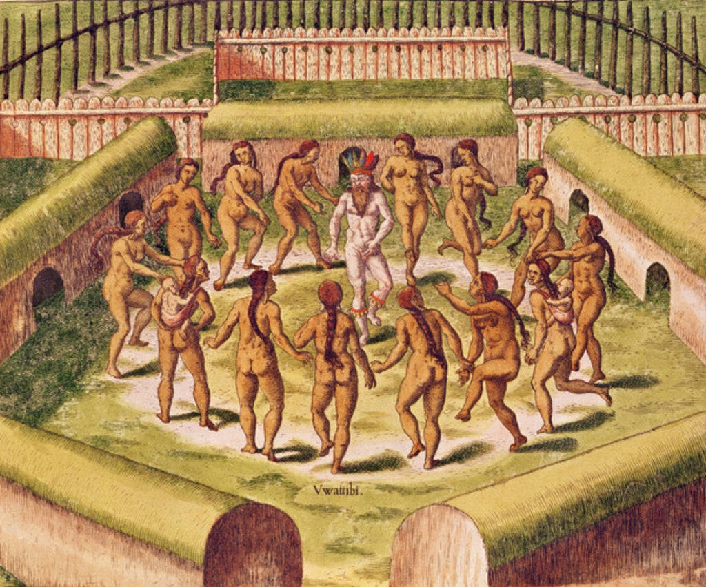 Detail of Dancing around a captive before the hut containing the Tamerkas or idols by Theodor de Bry