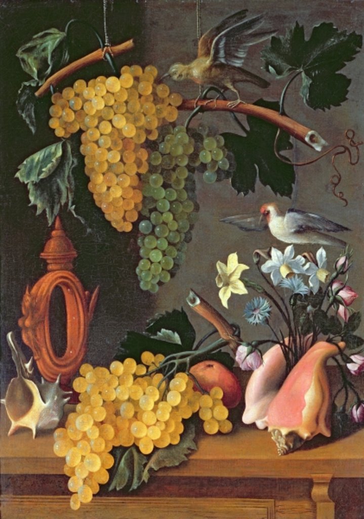 Detail of Still Life with Grapes, Birds, Flowers and Shells by Juan de Espinosa