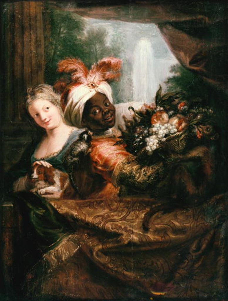 Detail of Young Black Man Holding a Basket of Fruit and a Young Girl Stroking a Dog by Antoine Coypel