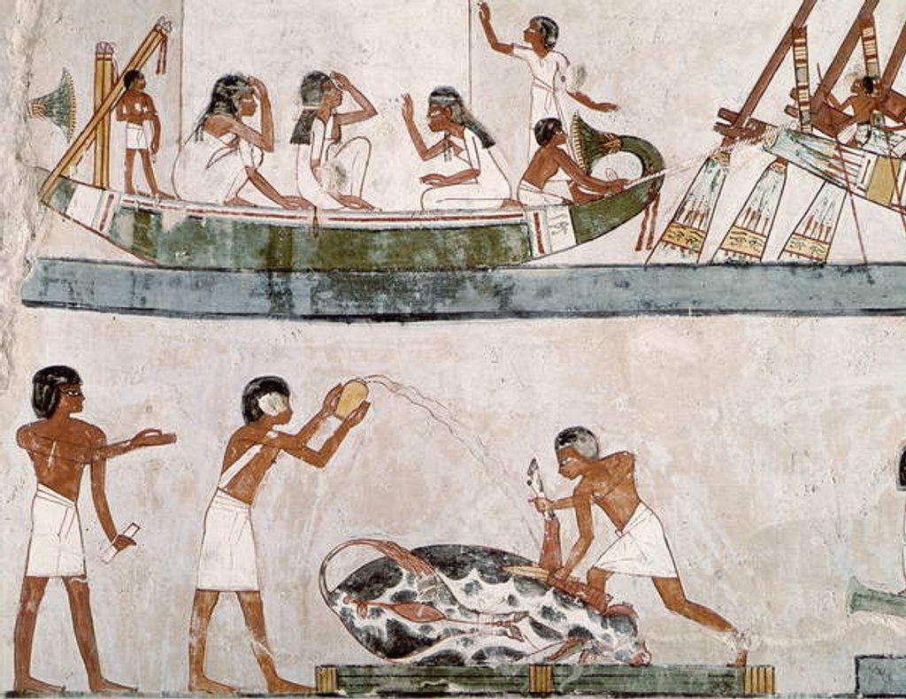 Detail of Sacrifice and purification of a bull, and a sailing ritual by Egyptian 18th Dynasty