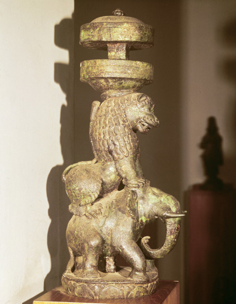 Detail of Sculpture of a lion mounted on an elephant by School Indian