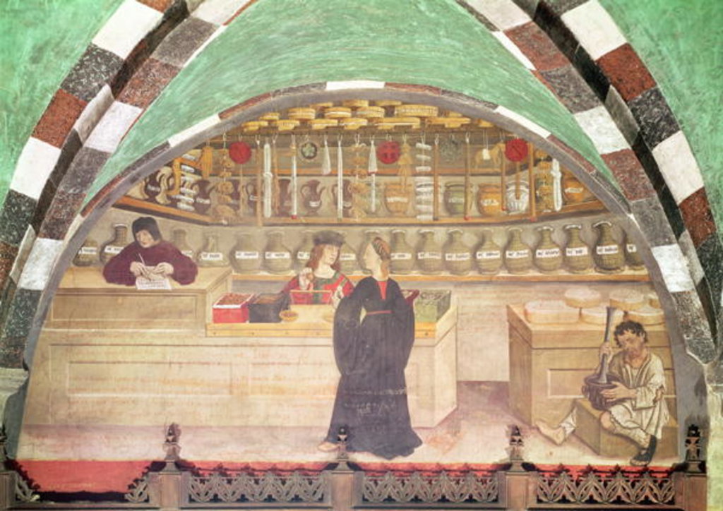 Detail of The Pharmacy, Anonymous painting, Val d'Aosta, Castello di Issogne, 15th century by Italian School