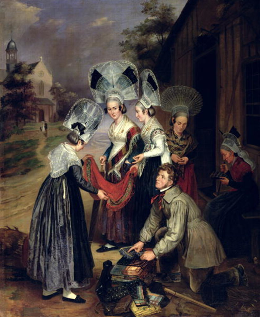 Detail of A Peddler Selling Scarves to Women from Troyes by Henri Valton