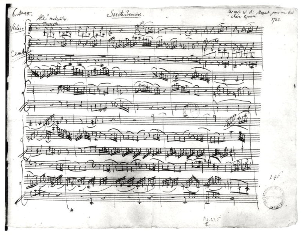 Detail of Ms.225 Sonate Premiere for violin and harpsichord in C major 1782 by Wolfgang Amadeus Mozart