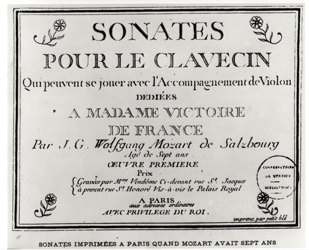 Detail of Title Page for 'Sonates pour le clavecin' dedicated to Madame Victoire de France by Mozart. by French School