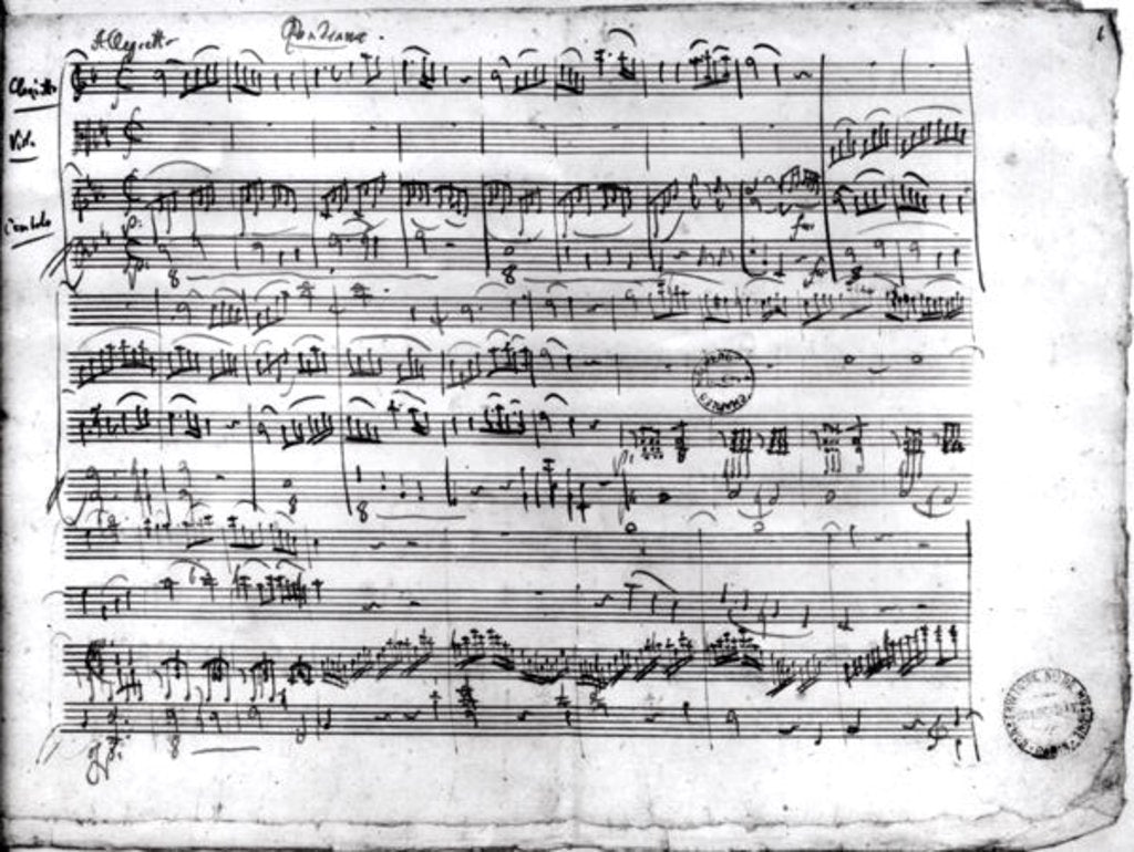 Detail of Ms.222 fol.6 Trio, in E flat major 'Kegelstatt' for piano, clarinet, violin and viola 1786 by Wolfgang Amadeus Mozart