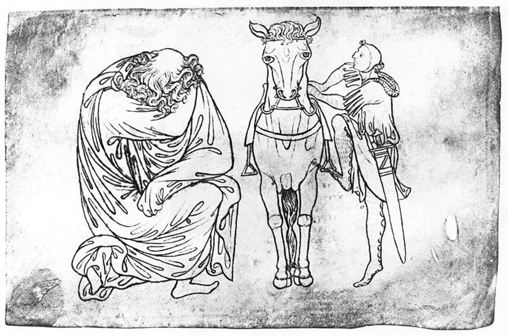 Detail of Facsimile copy of Ms Fr 19093 fol.23v Man seated, Knight mounting his horse by Villard de Honnecourt