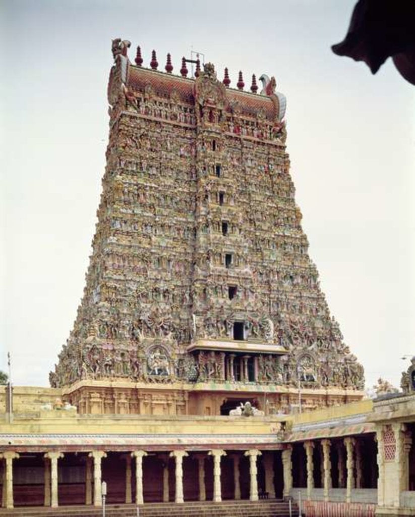 Detail of View of the carved exterior of the south gopuram by Indian School