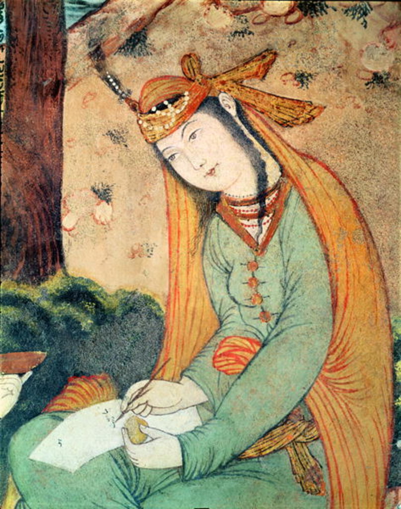 Detail of Woman Writing in the Court of Shah Abbas I 1585-1627 by School Persian
