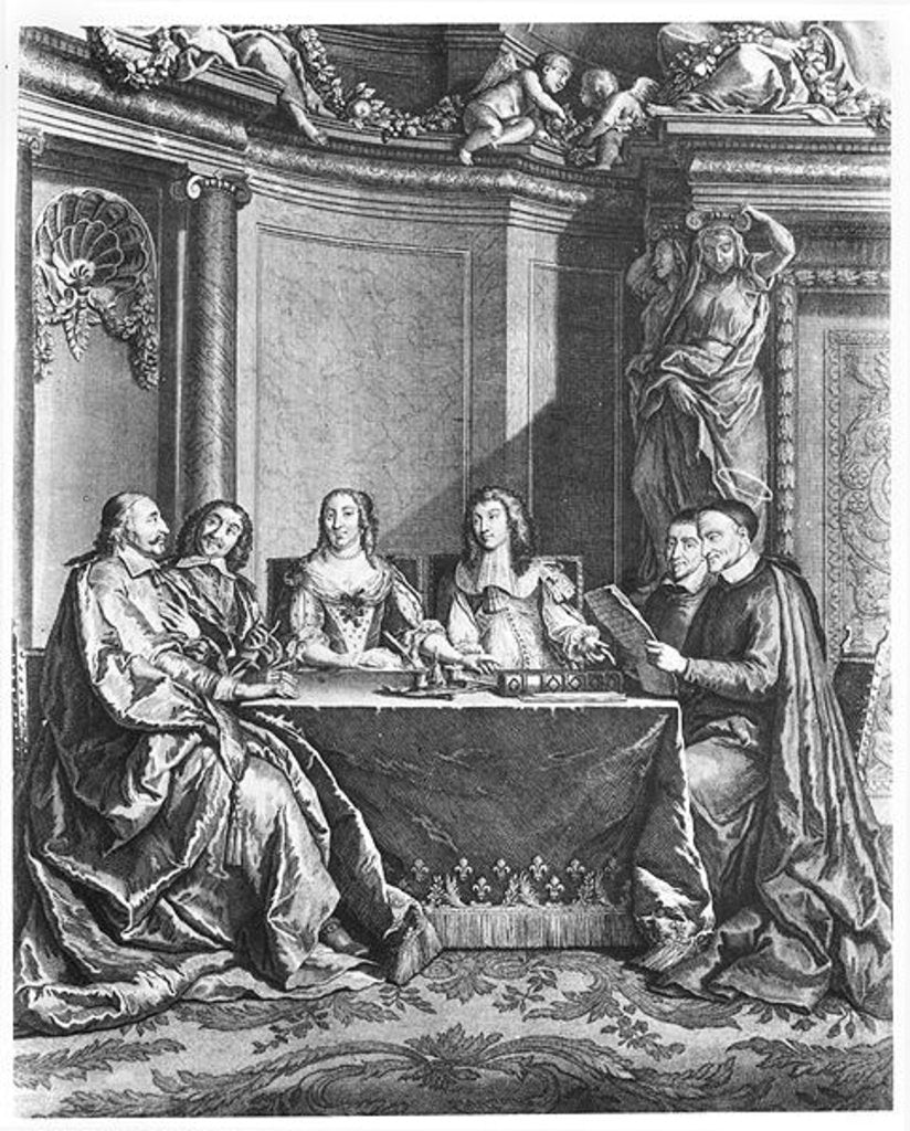 Detail of St. Vincent de Paul and Cardinal Jules Mazarin at the Conseil de Conscience of Louis XIV engraved by Gerard Scotin c.1660 by French School