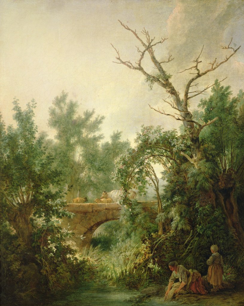 Detail of Peasant Woman Washing Clothes near a Bridge by Jean-Baptiste Huet