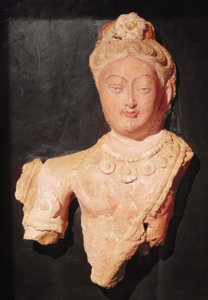 Detail of Head and bust of a Bodhisattva in princely costume, from Kumtura, Xinjiang, 7th-8th century by School Chinese