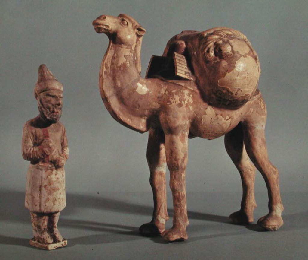 Detail of Funerary statuettes of a laden camel and a barbarian caravanner, Tang Dynasty by School Chinese