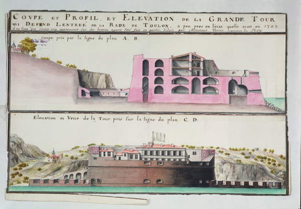 Detail of Ms 508/131 K fol.107 Cross-section and elevation of the harbour tower at Toulon by Claude Masse