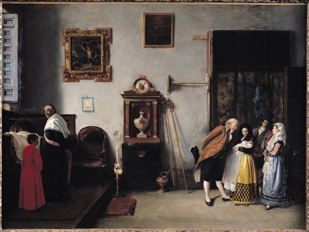 Detail of A Mass in Spain to celebrate the birth of a baby, 1872 by Enrique Melida