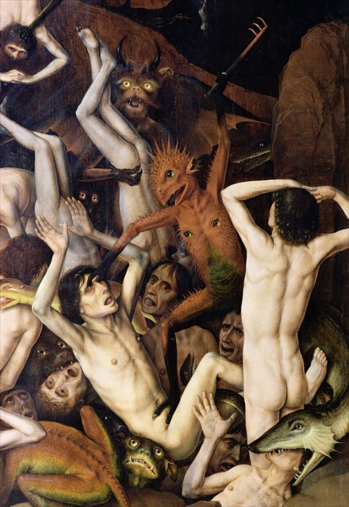 Detail of Hell, detail of a demon hitting the damned, c.1450 by Dirck Bouts